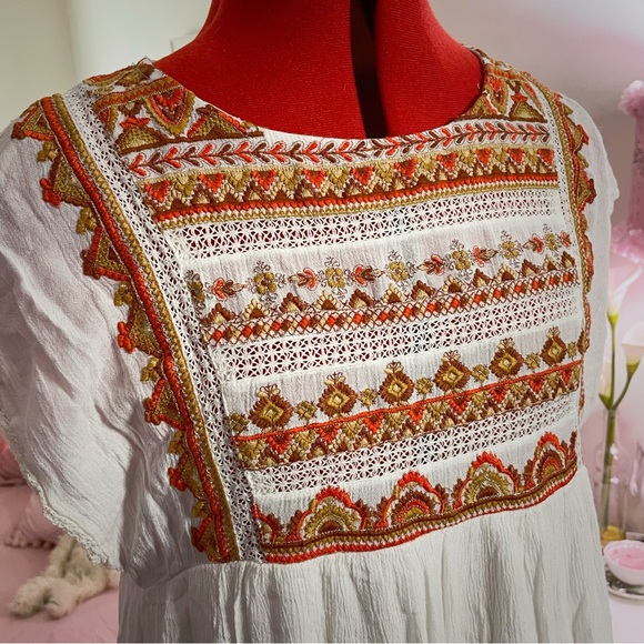 Free People White Boho Embroidered Tunic Dress with Orange Accents - Picture 3 of 7
